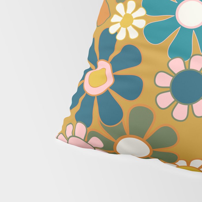 Pretty Groovy Retro Garden 60s 70s Aesthetic Floral Pattern Ochre Teal Olive Pink Pillow Sham Gallery Image 4