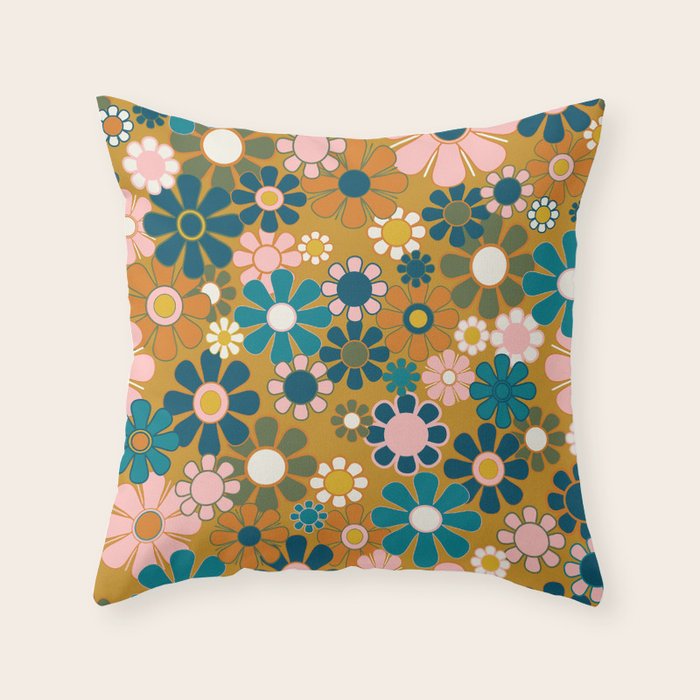 Pretty Groovy Retro Garden 60s 70s Aesthetic Floral Pattern Ochre Teal Olive Pink Throw Pillow Gallery Image 1