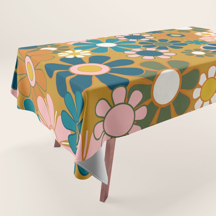 Pretty Groovy Retro Garden 60s 70s Aesthetic Floral Pattern Ochre Teal Olive Pink Tablecloth Gallery Image 1