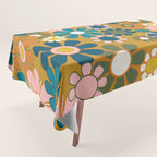 Pretty Groovy Retro Garden 60s 70s Aesthetic Floral Pattern Ochre Teal Olive Pink Tablecloth Gallery Image 1
