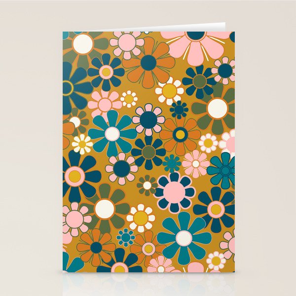 Pretty Groovy Retro Garden 60s 70s Aesthetic Floral Pattern Ochre Teal Olive Pink Stationery Card Gallery Image 2