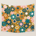 Pretty Groovy Retro Garden 60s 70s Aesthetic Floral Pattern Ochre Teal Olive Pink Wall Tapestry Gallery Image 4