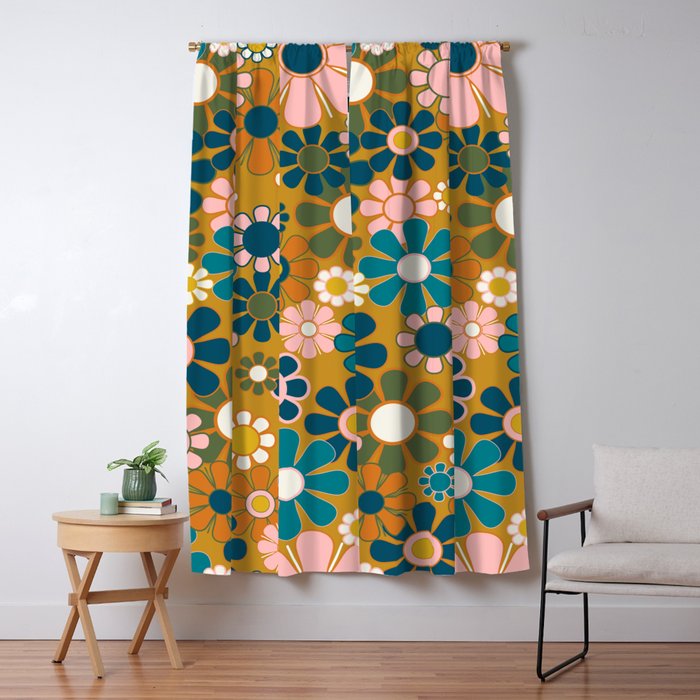 Pretty Groovy Retro Garden 60s 70s Aesthetic Floral Pattern Ochre Teal Olive Pink Window Curtain Gallery Image 1