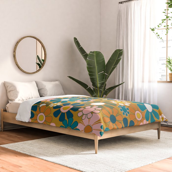 Pretty Groovy Retro Garden 60s 70s Aesthetic Floral Pattern Ochre Teal Olive Pink Comforter Gallery Image 2