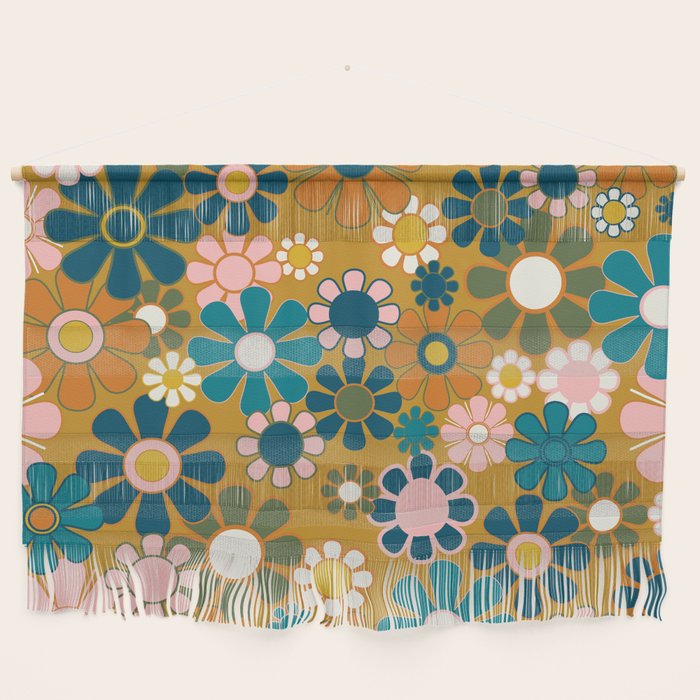 Pretty Groovy Retro Garden 60s 70s Aesthetic Floral Pattern Ochre Teal Olive Pink Wall Hanging Gallery Image 1