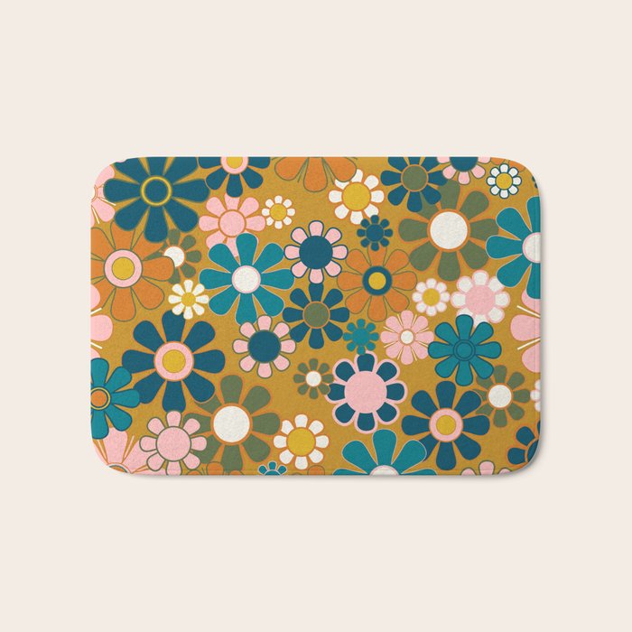 Pretty Groovy Retro Garden 60s 70s Aesthetic Floral Pattern Ochre Teal Olive Pink Bath Mat Gallery Image 1