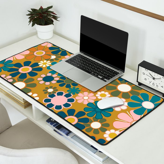 Pretty Groovy Retro Garden 60s 70s Aesthetic Floral Pattern Ochre Teal Olive Pink Desk Mat Gallery Image 2
