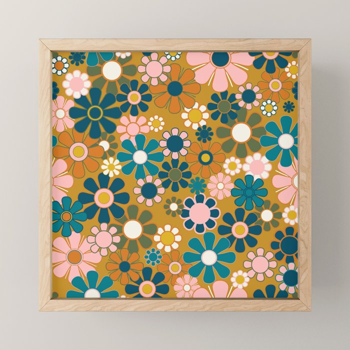 Pretty Groovy Retro Garden 60s 70s Aesthetic Floral Pattern Ochre Teal Olive Pink Mini Art Print Gallery Image 1