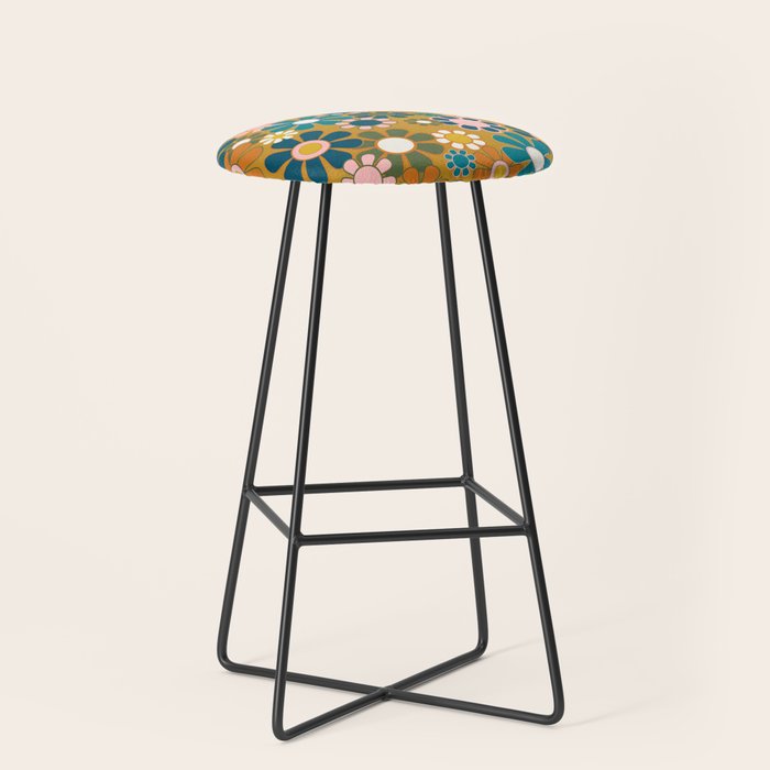 Pretty Groovy Retro Garden 60s 70s Aesthetic Floral Pattern Ochre Teal Olive Pink Stool Gallery Image 1