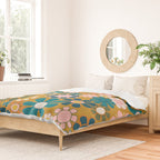 Pretty Groovy Retro Garden 60s 70s Aesthetic Floral Pattern Ochre Teal Olive Pink Duvet Cover Gallery Image 2