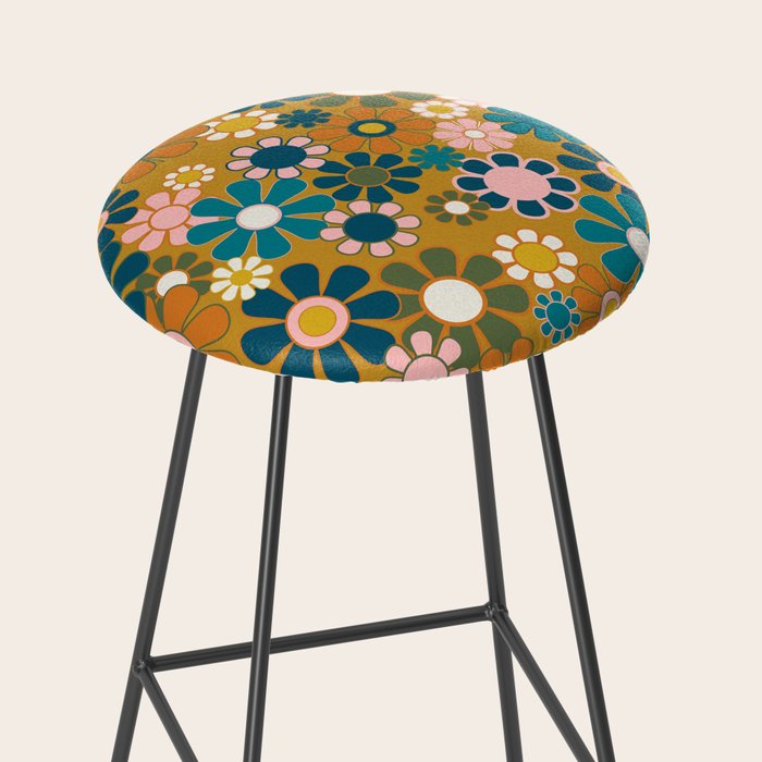 Pretty Groovy Retro Garden 60s 70s Aesthetic Floral Pattern Ochre Teal Olive Pink Stool Gallery Image 2