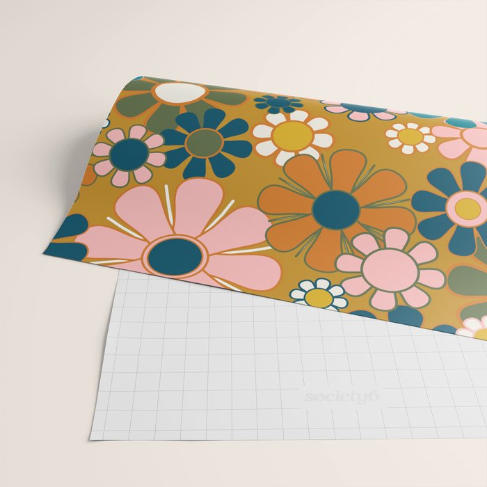 Pretty Groovy Retro Garden 60s 70s Aesthetic Floral Pattern Ochre Teal Olive Pink Wrapping Paper Gallery Image 2