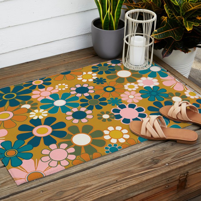 Pretty Groovy Retro Garden 60s 70s Aesthetic Floral Pattern Ochre Teal Olive Pink Outdoor Rug Gallery Image 2