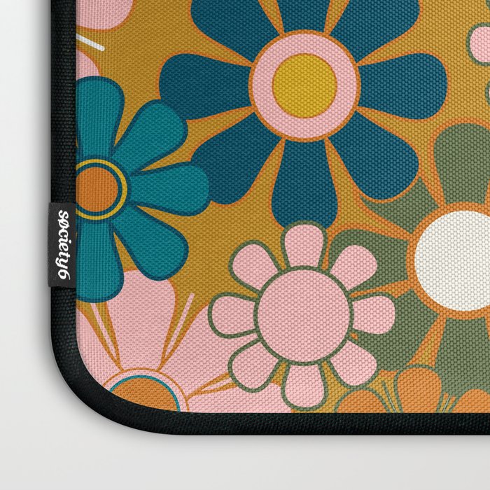 Pretty Groovy Retro Garden 60s 70s Aesthetic Floral Pattern Ochre Teal Olive Pink Laptop Sleeve Gallery Image 3