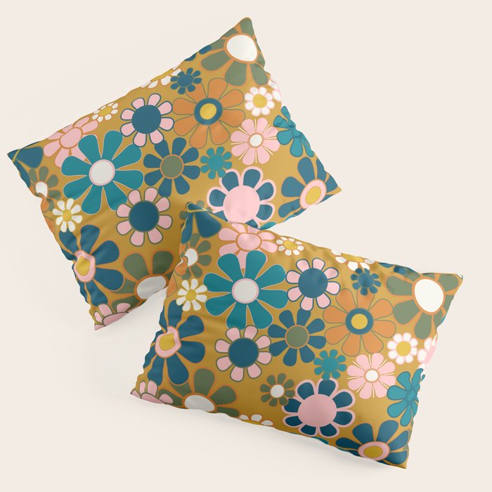 Pretty Groovy Retro Garden 60s 70s Aesthetic Floral Pattern Ochre Teal Olive Pink Pillow Sham Gallery Image 1