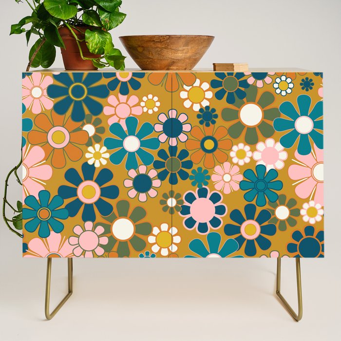 Pretty Groovy Retro Garden 60s 70s Aesthetic Floral Pattern Ochre Teal Olive Pink Credenza Gallery Image 1