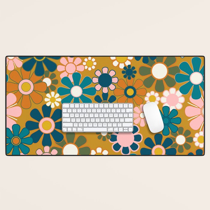 Pretty Groovy Retro Garden 60s 70s Aesthetic Floral Pattern Ochre Teal Olive Pink Desk Mat Gallery Image 1