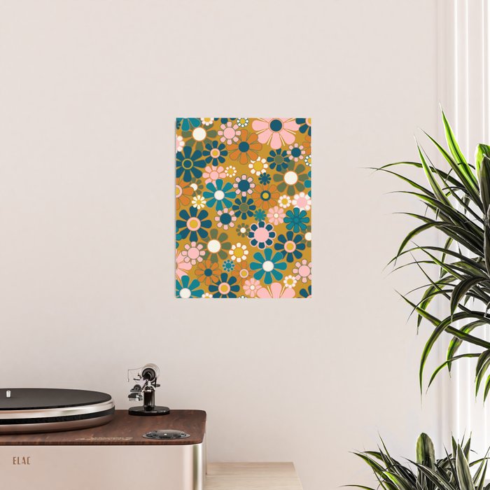 Pretty Groovy Retro Garden 60s 70s Aesthetic Floral Pattern Ochre Teal Olive Pink Poster Gallery Image 2