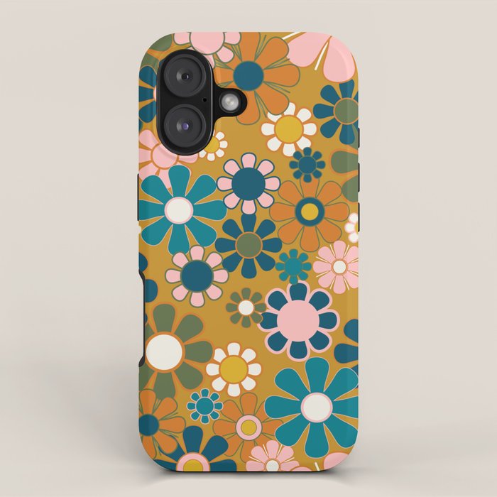 Pretty Groovy Retro Garden 60s 70s Aesthetic Floral Pattern Ochre Teal Olive Pink iPhone Case Gallery Image 1