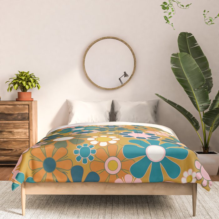 Pretty Groovy Retro Garden 60s 70s Aesthetic Floral Pattern Ochre Teal Olive Pink Comforter Gallery Image 3