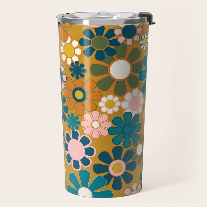 Pretty Groovy Retro Garden 60s 70s Aesthetic Floral Pattern Ochre Teal Olive Pink Travel Mug Gallery Image 2