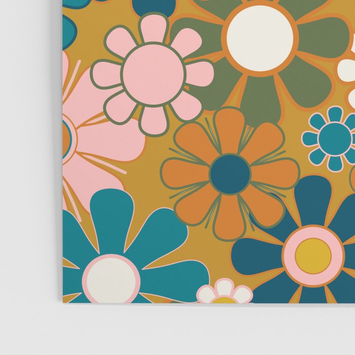 Pretty Groovy Retro Garden 60s 70s Aesthetic Floral Pattern Ochre Teal Olive Pink Poster Gallery Image 3