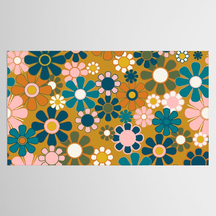 Pretty Groovy Retro Garden 60s 70s Aesthetic Floral Pattern Ochre Teal Olive Pink Tablecloth Gallery Image 2