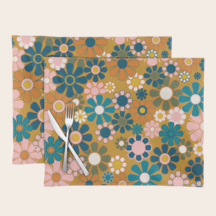 Pretty Groovy Retro Garden 60s 70s Aesthetic Floral Pattern Ochre Teal Olive Pink Placemat Gallery Image 1