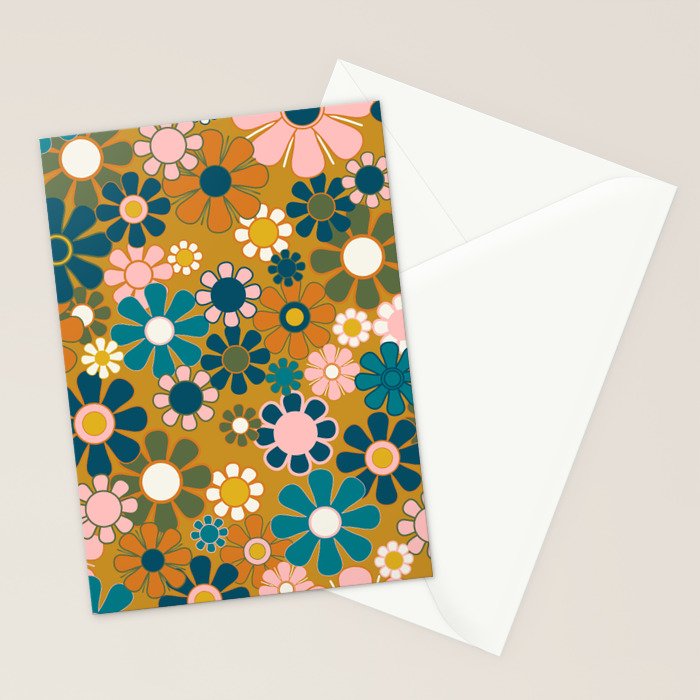 Pretty Groovy Retro Garden 60s 70s Aesthetic Floral Pattern Ochre Teal Olive Pink Stationery Card Gallery Image 2