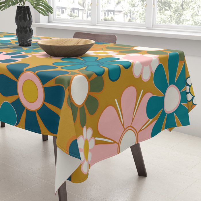Pretty Groovy Retro Garden 60s 70s Aesthetic Floral Pattern Ochre Teal Olive Pink Tablecloth Gallery Image 3