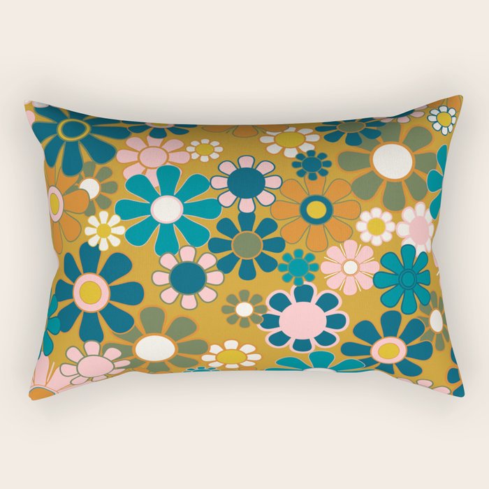 Pretty Groovy Retro Garden 60s 70s Aesthetic Floral Pattern Ochre Teal Olive Pink Rectangular Pillow Gallery Image 1