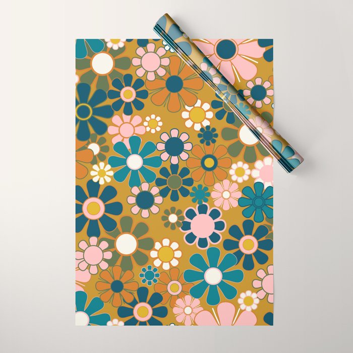 Pretty Groovy Retro Garden 60s 70s Aesthetic Floral Pattern Ochre Teal Olive Pink Wrapping Paper Gallery Image 1
