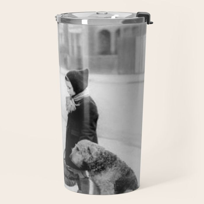 Vintage 'No Dog Biscuits Today' Humorous Little Girl, Dog, and Italian Market black and white photography / photograph Travel Mug Gallery Image 2