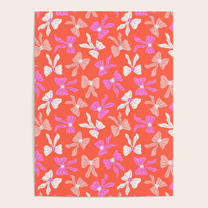 Playful Scattered Coquette Bows Vibrant Pink White Peach and Red Poster Gallery Image 4