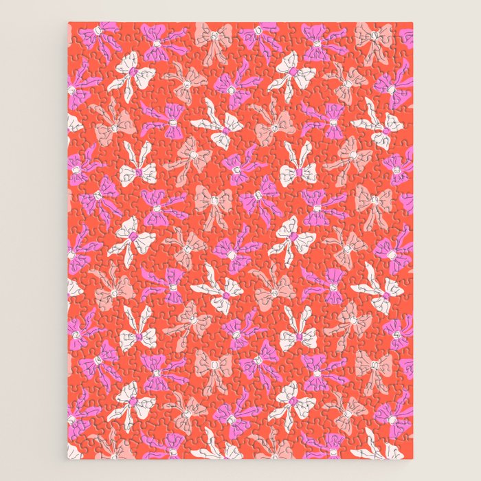 Playful Scattered Coquette Bows Vibrant Pink White Peach and Red Jigsaw Puzzle Gallery Image 1