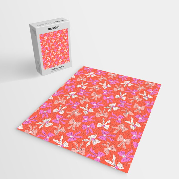 Playful Scattered Coquette Bows Vibrant Pink White Peach and Red Jigsaw Puzzle Gallery Image 2
