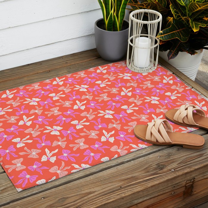 Playful Scattered Coquette Bows Vibrant Pink White Peach and Red Outdoor Rug Gallery Image 2