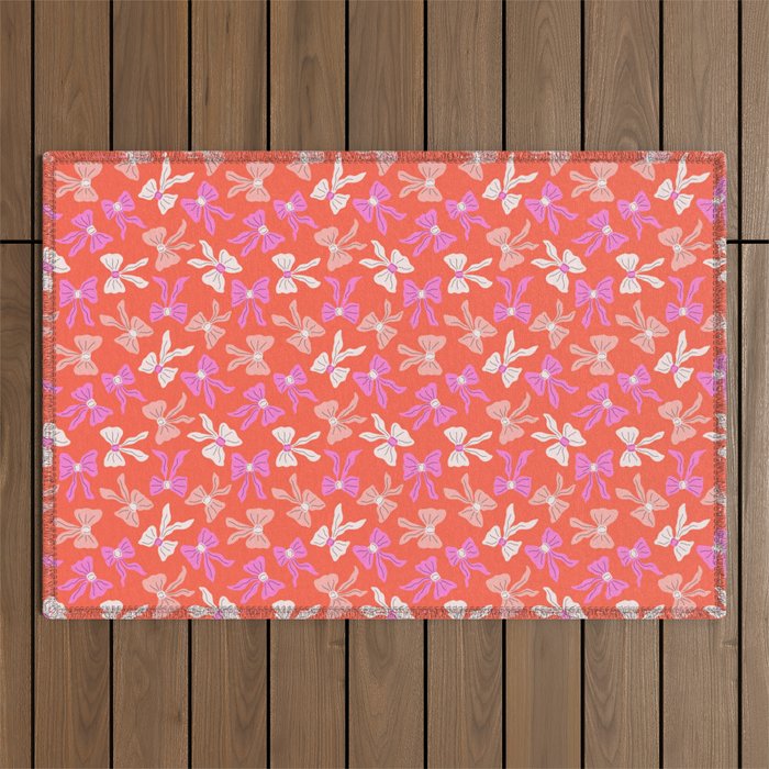 Playful Scattered Coquette Bows Vibrant Pink White Peach and Red Outdoor Rug Gallery Image 1