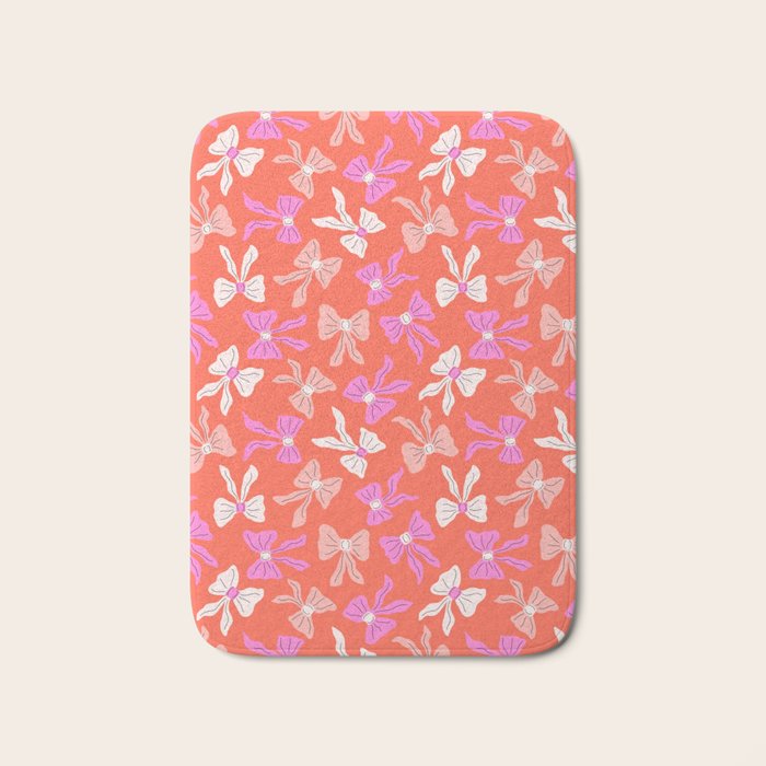 Playful Scattered Coquette Bows Vibrant Pink White Peach and Red Bath Mat Gallery Image 1