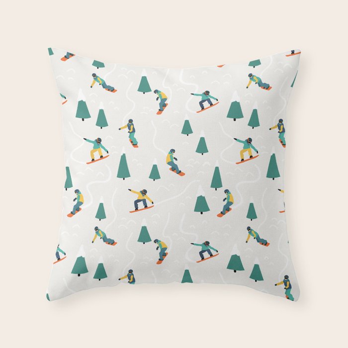 Snowboarding Illustration Pattern Throw Pillow Gallery Image 1