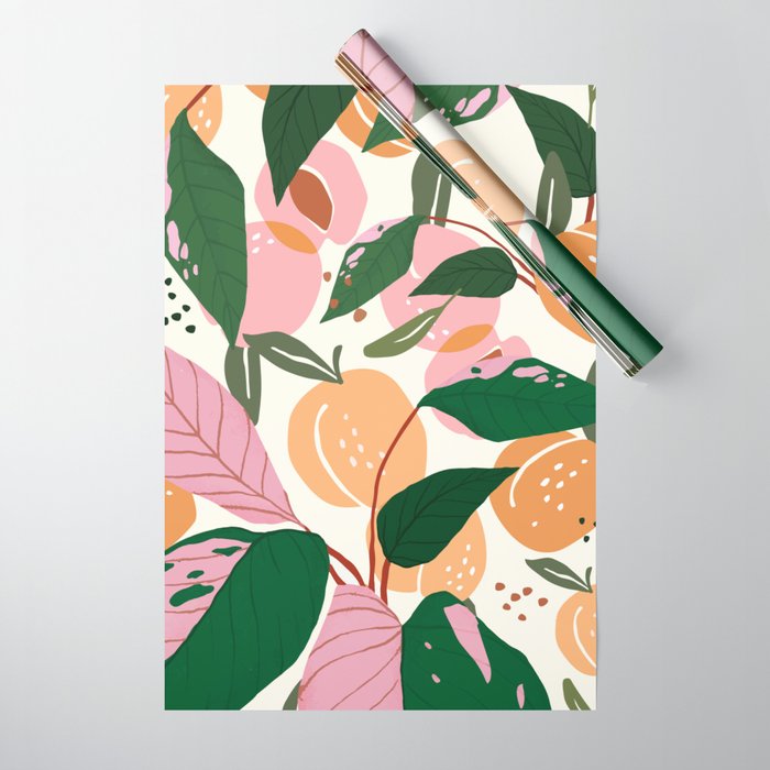 The Peach Garden , Vintage Botanical Tropical Jungle, Fruits Plants Pastel Summer Forest Wrapping Paper Gallery Image 1