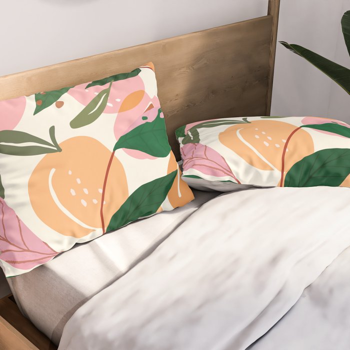 The Peach Garden , Vintage Botanical Tropical Jungle, Fruits Plants Pastel Summer Forest Pillow Sham Gallery Image 2