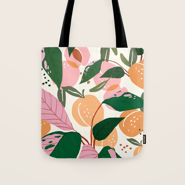 The Peach Garden , Vintage Botanical Tropical Jungle, Fruits Plants Pastel Summer Forest Tote Bag Gallery Image 1