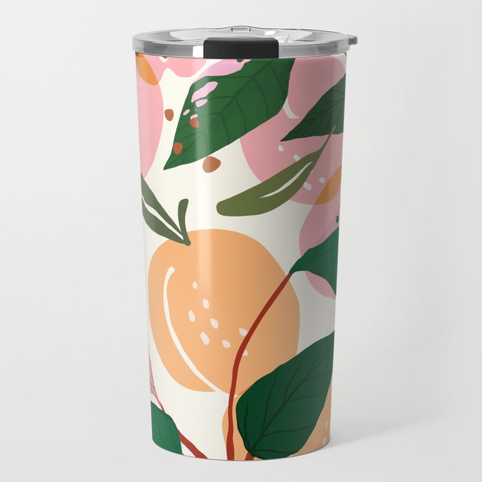 The Peach Garden , Vintage Botanical Tropical Jungle, Fruits Plants Pastel Summer Forest Travel Mug Gallery Image 1