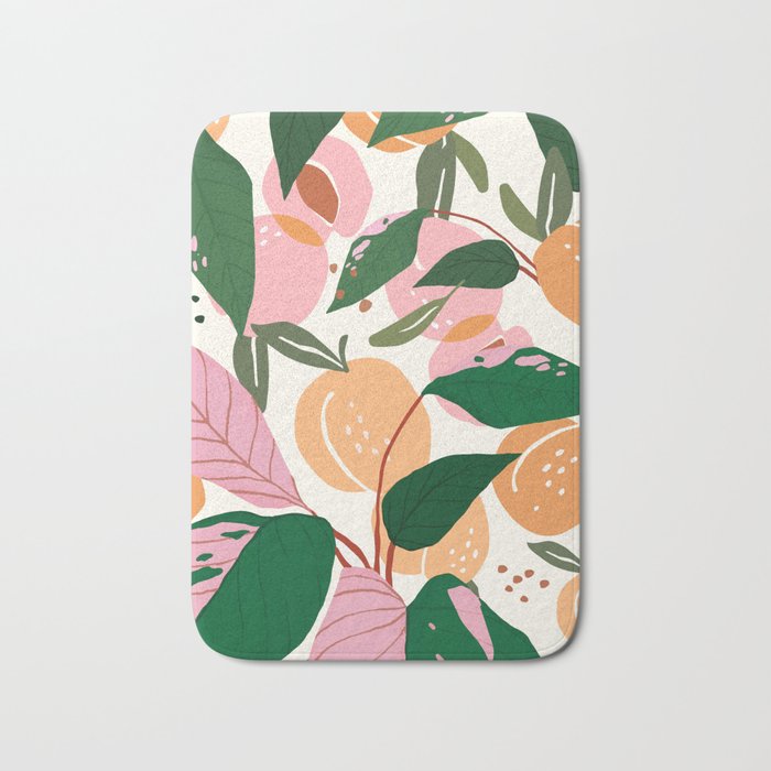 The Peach Garden , Vintage Botanical Tropical Jungle, Fruits Plants Pastel Summer Forest Bath Mat Gallery Image 1