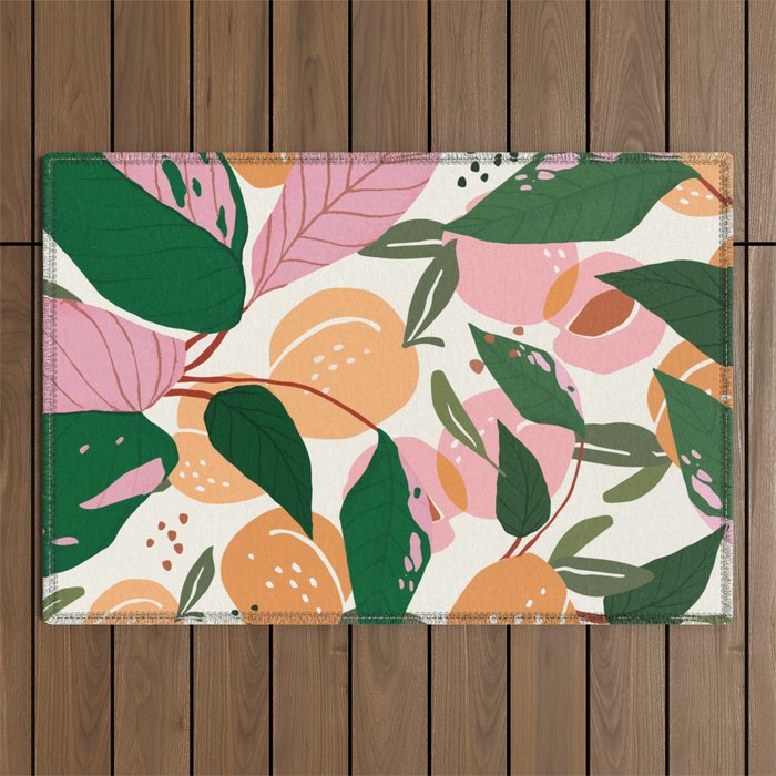 The Peach Garden , Vintage Botanical Tropical Jungle, Fruits Plants Pastel Summer Forest Outdoor Rug Gallery Image 1