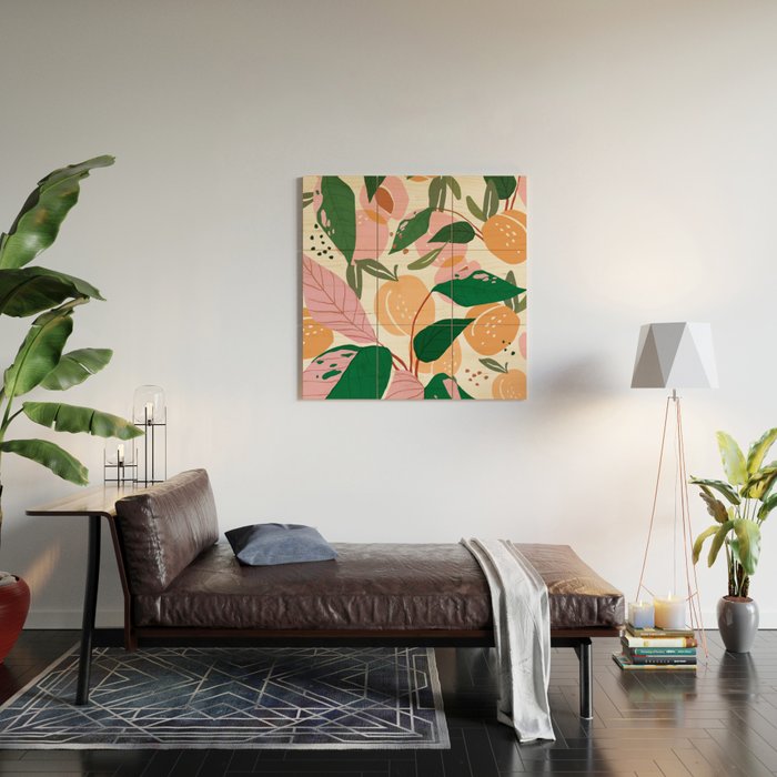 The Peach Garden , Vintage Botanical Tropical Jungle, Fruits Plants Pastel Summer Forest Wood Wall Art Gallery Image 2