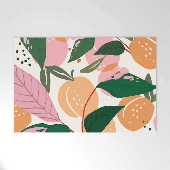 The Peach Garden , Vintage Botanical Tropical Jungle, Fruits Plants Pastel Summer Forest Welcome Mat Gallery Image 1