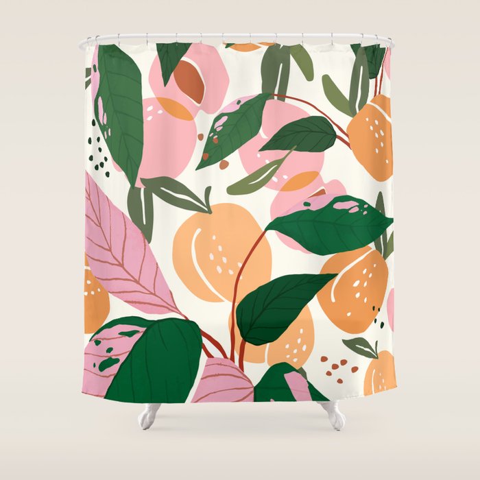 The Peach Garden , Vintage Botanical Tropical Jungle, Fruits Plants Pastel Summer Forest Shower Curtain Gallery Image 1