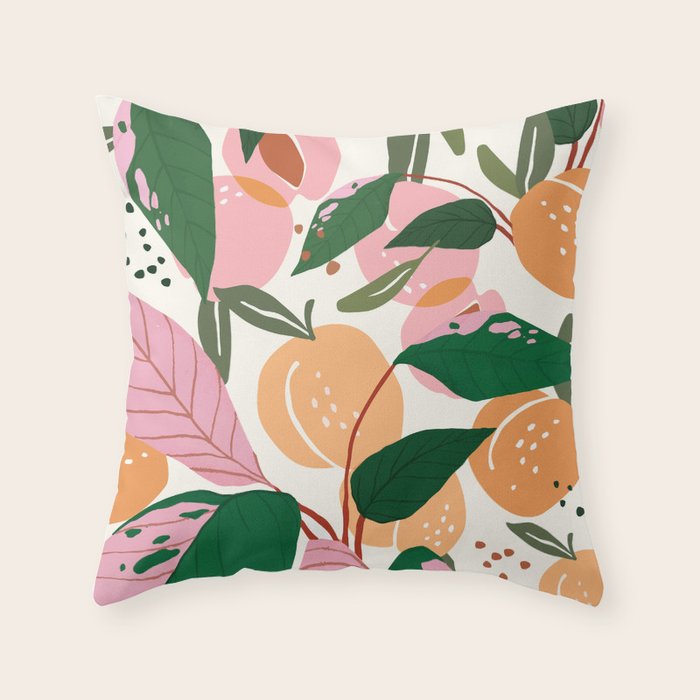 The Peach Garden , Vintage Botanical Tropical Jungle, Fruits Plants Pastel Summer Forest Throw Pillow Gallery Image 6